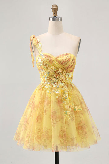 Yellow One Shoulder Sequins Printed A Line Homecoming Dress